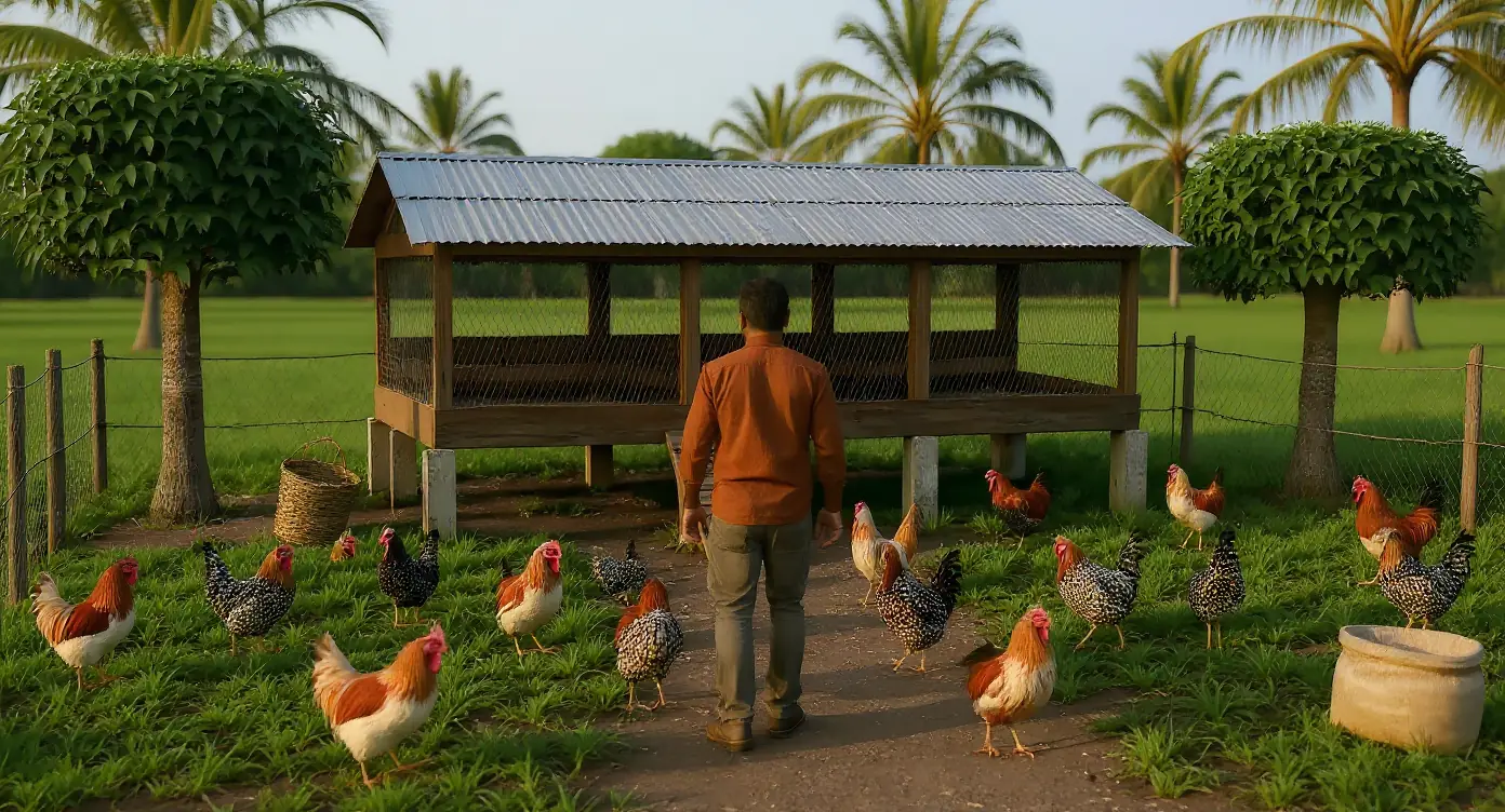 Trabahante nga naglakaw taliwala sa mga manok bisaya paingon sa taas nga balay sa manok