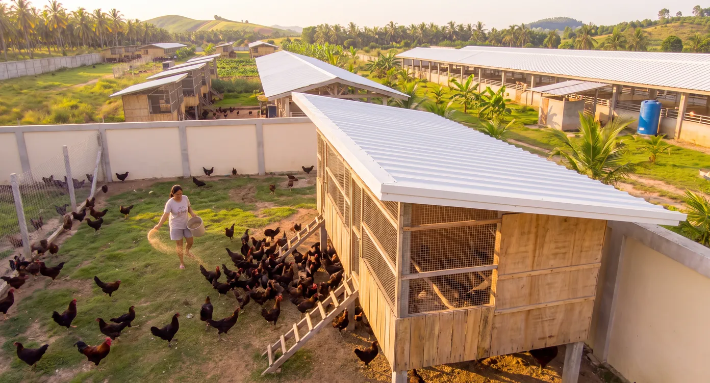Farm worker walking among native chickens towards a raised wooden chicken house