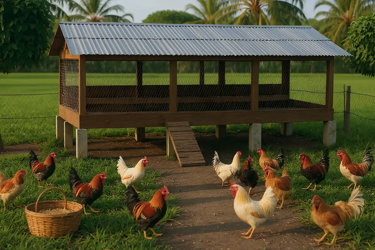 Mga manok bisaya nga nagtuka og lugas sa nataran sa taas nga balay sa manok