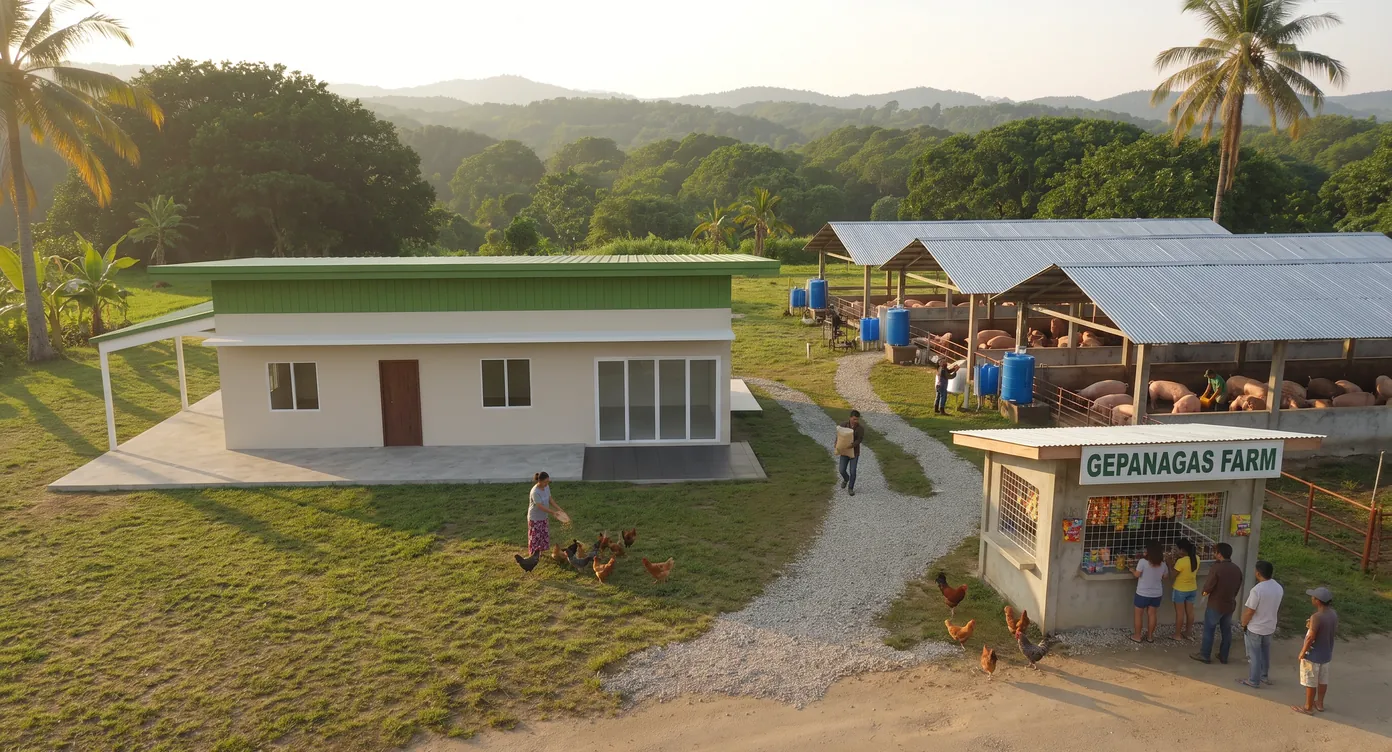Gepanagas Farm: balay nga usa ka andana, tulo ka kural sa baboy nga gipakaon sa mga trabahante, babaye nga nagpakaon sa manok bisaya, ug mga tawo nga nagpila sa sari-sari store
