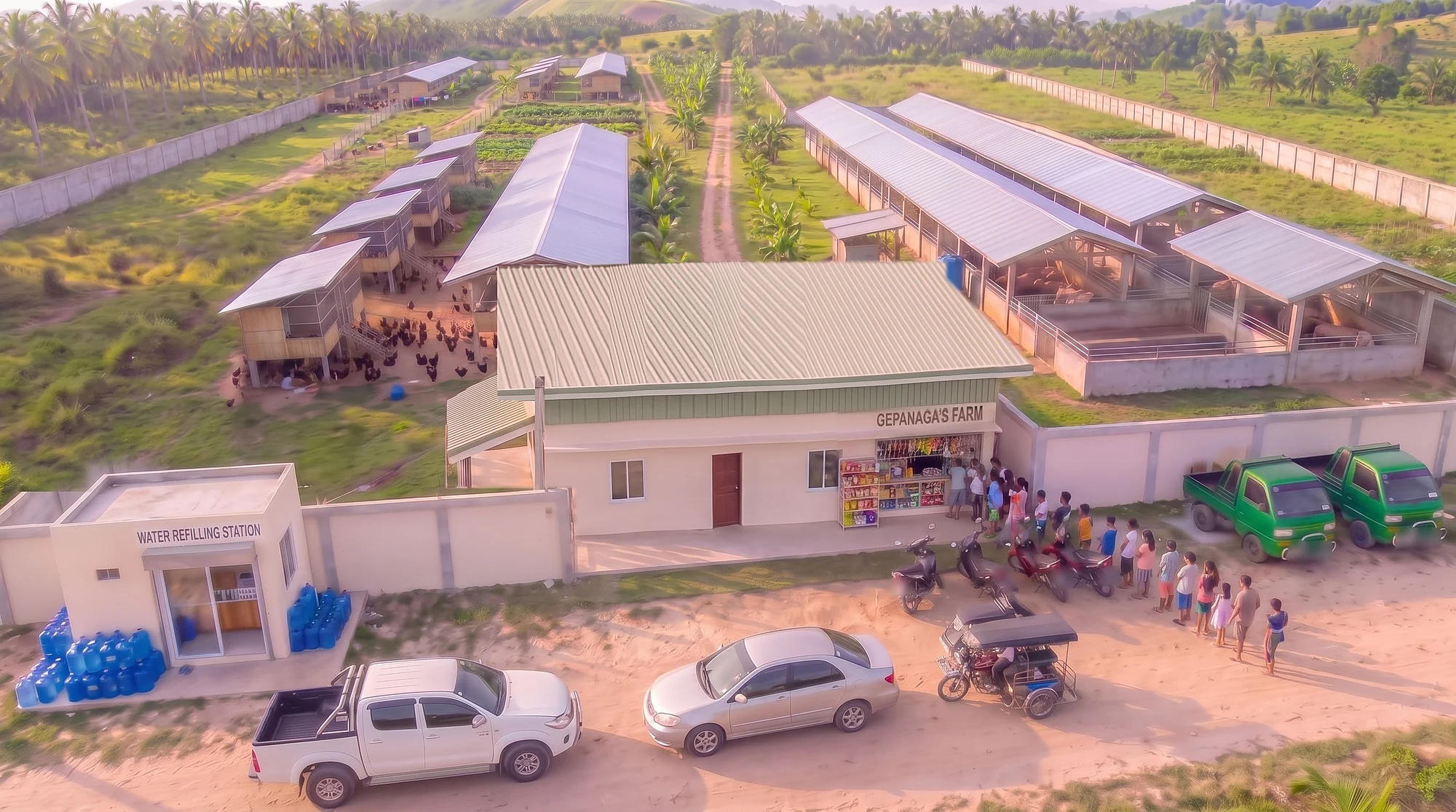 Gepanaga’s Farm sa Ronda, Cebu mula sa itaas: bahay na may sari-sari store at pila ng mga suki, water refilling station, mga sasakyan, at mahahabang babuyan at manukan sa loob ng bakod