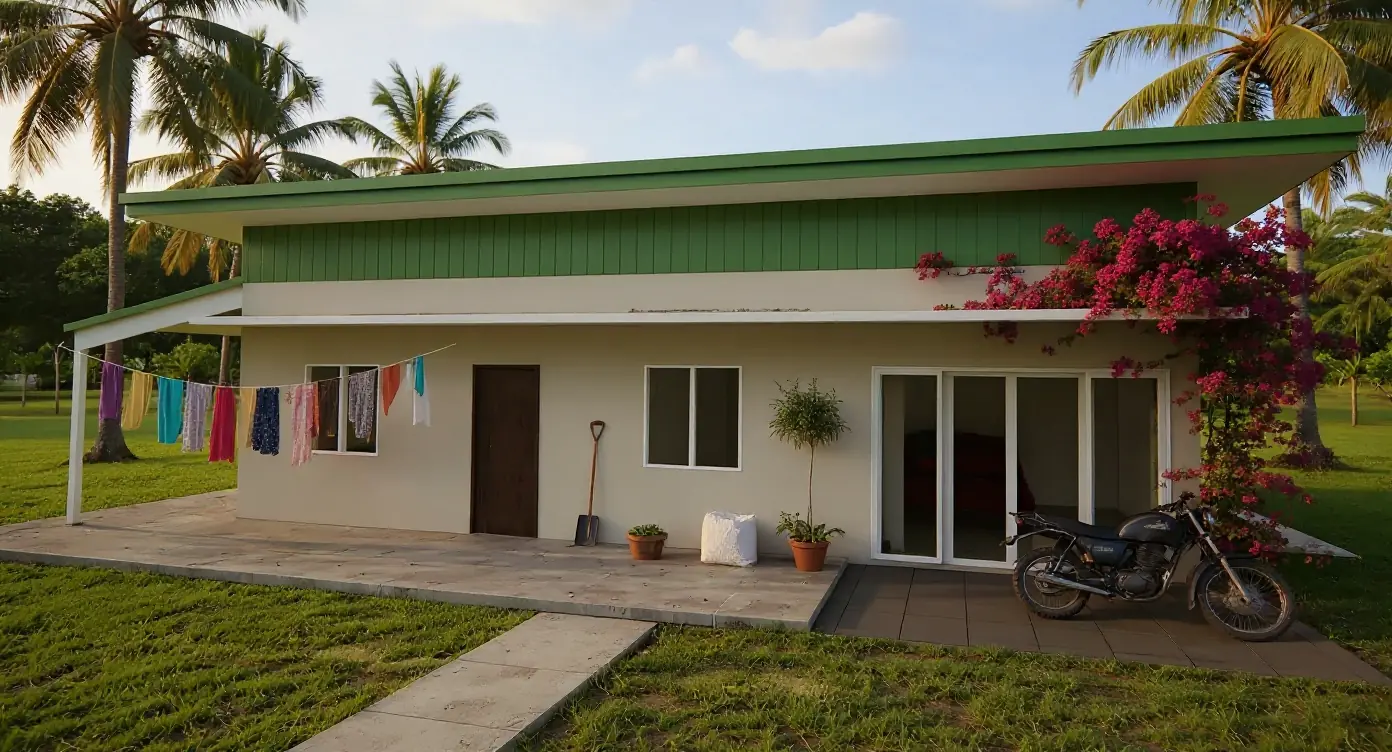Usa ka andana nga balay nga may hinlabhan sa sampayan, bougainvillea ug motor sa patio