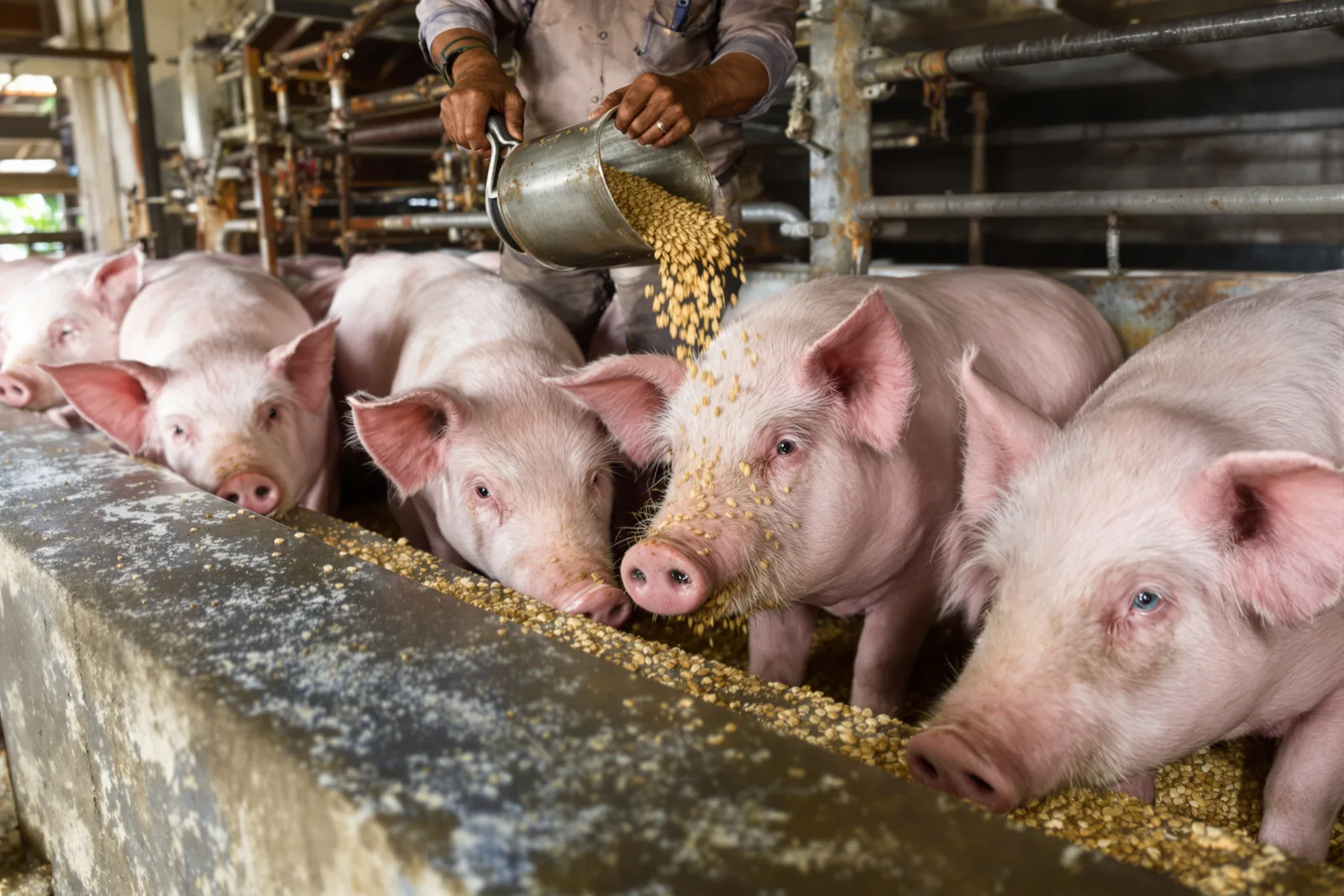 Kamay ng trabahador na nagbubuhos ng pakain sa labangan habang kumakain ang mga baboy