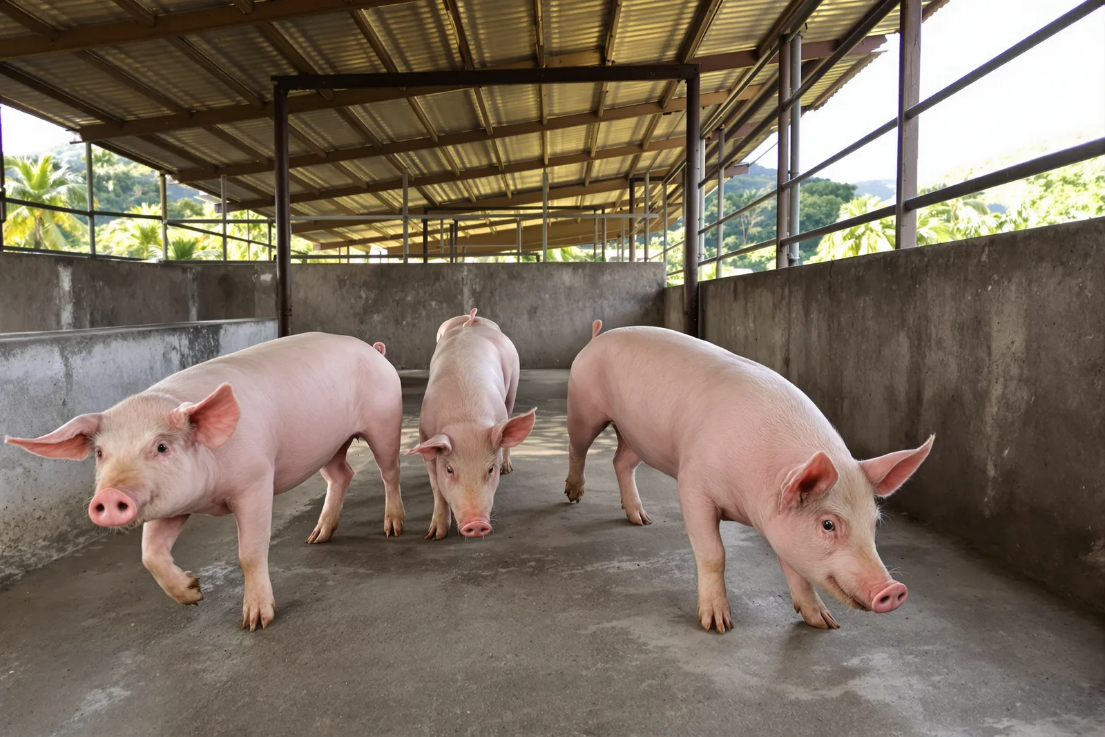 Tatlong baboy pang-lechon, mga 30 kg, naglalakad sa malinis na kulungan
