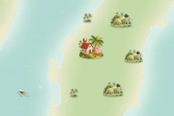 Iginuhit na mapa ng timog-kanlurang Cebu: ang Gepanaga’s Farm sa Barangay Langin, Ronda, kasama ang Barili at Dumanjug sa hilaga, Alcantara, Moalboal at Badian sa timog at Tañon Strait sa kanluran