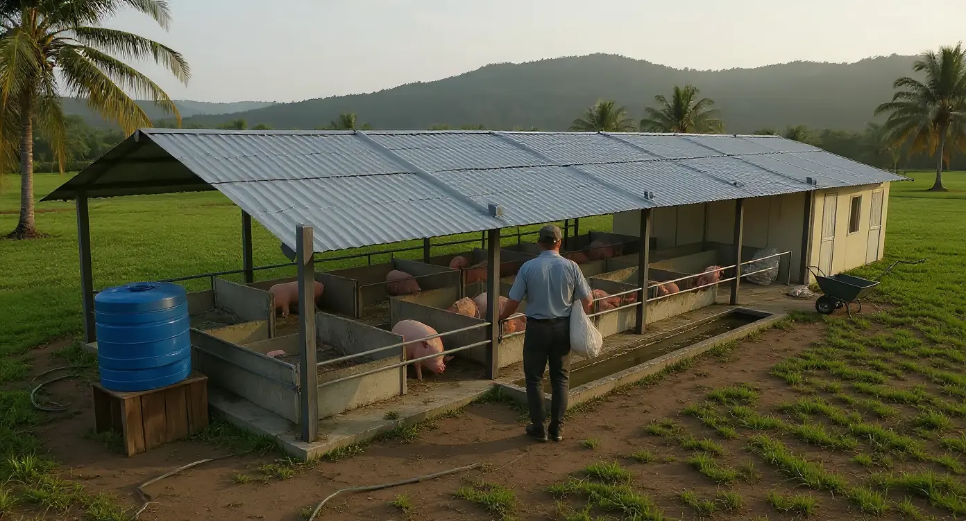 Trabahante nga nagdala og sako sa pakaon agi sa mga kural sa baboy ilalom sa atop nga sin