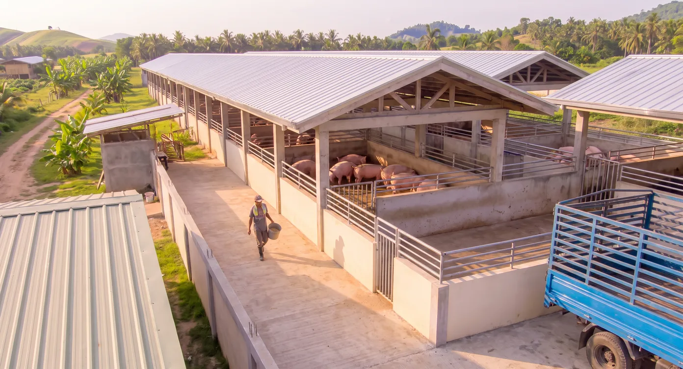 Farm worker carrying a feed sack past pens of pink pigs under a tin roof